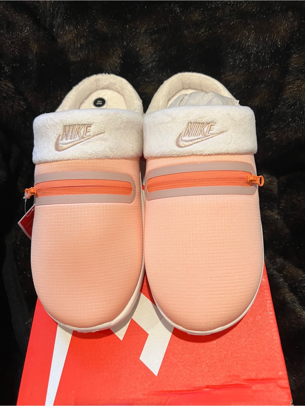 Nike Women's Slip-On Clog in Peach with White Plush Collar